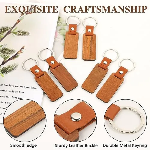 10PCS Leather Wood Keychain Blank, Wooden Keychain Blanks with Leather Strap, Unfinished Wooden Keychains for Laser Engraving, DIY Various Key Tags,