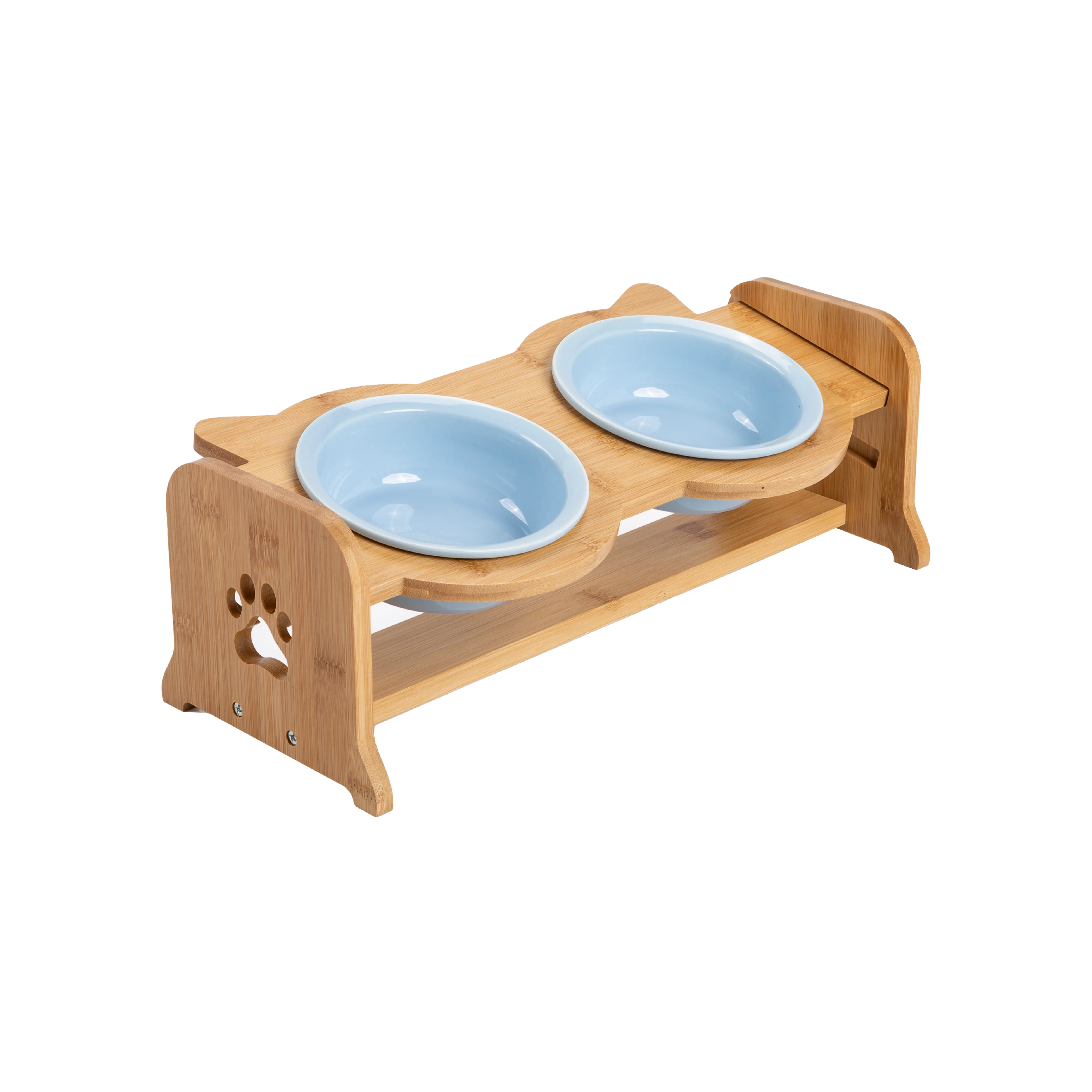 Bamboo Adjustable Feeding Station with Blue Ceramic Bowls