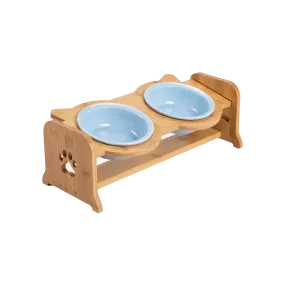 Bamboo Adjustable Feeding Station with Blue Ceramic Bowls
