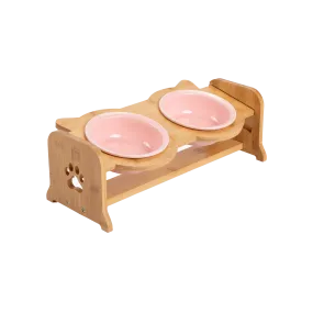 Bamboo Adjustable Feeding Station with Pink Ceramic Bowls