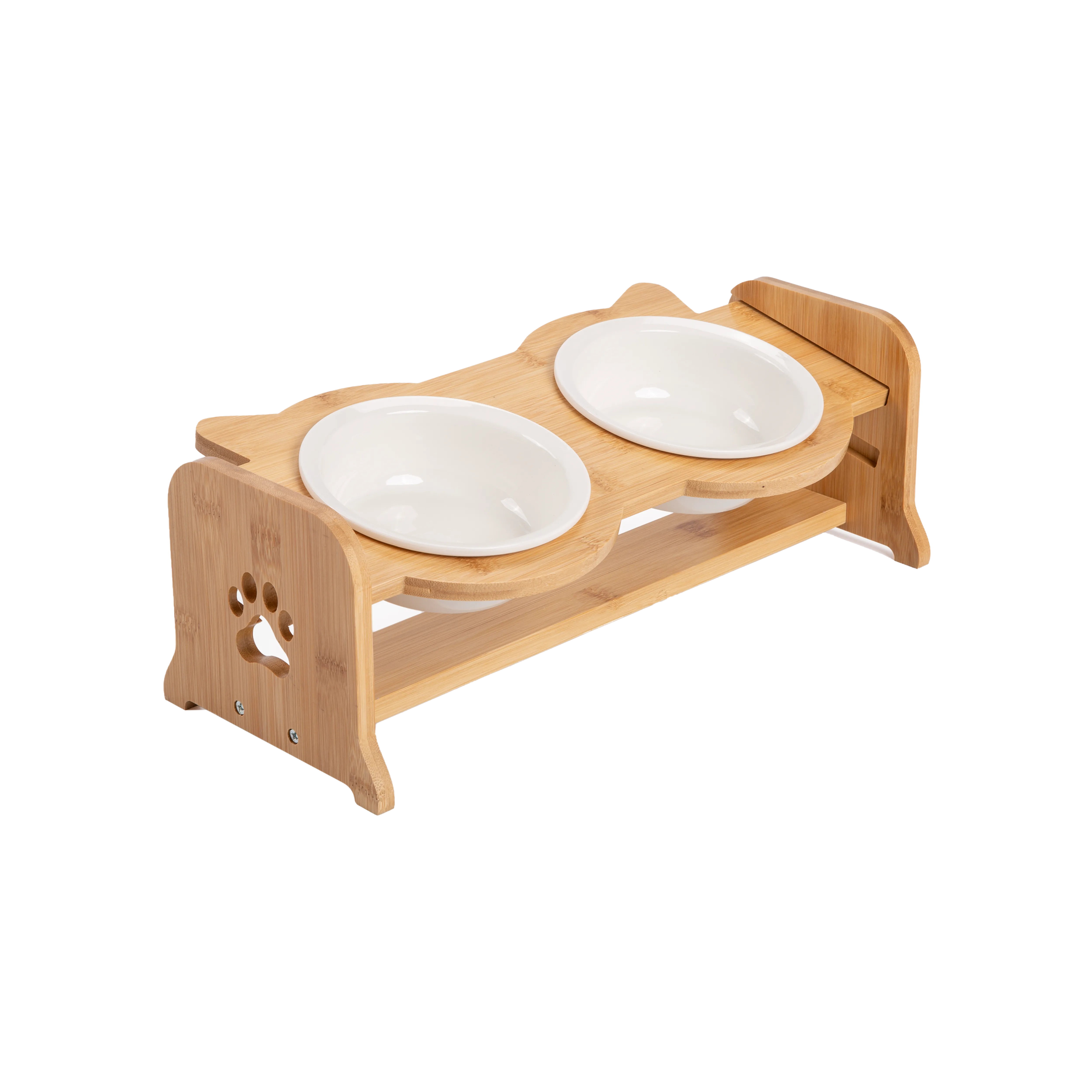 Bamboo Adjustable Feeding Station with White Ceramic Bowls