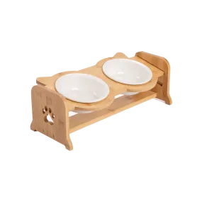 Bamboo Adjustable Feeding Station with White Ceramic Bowls