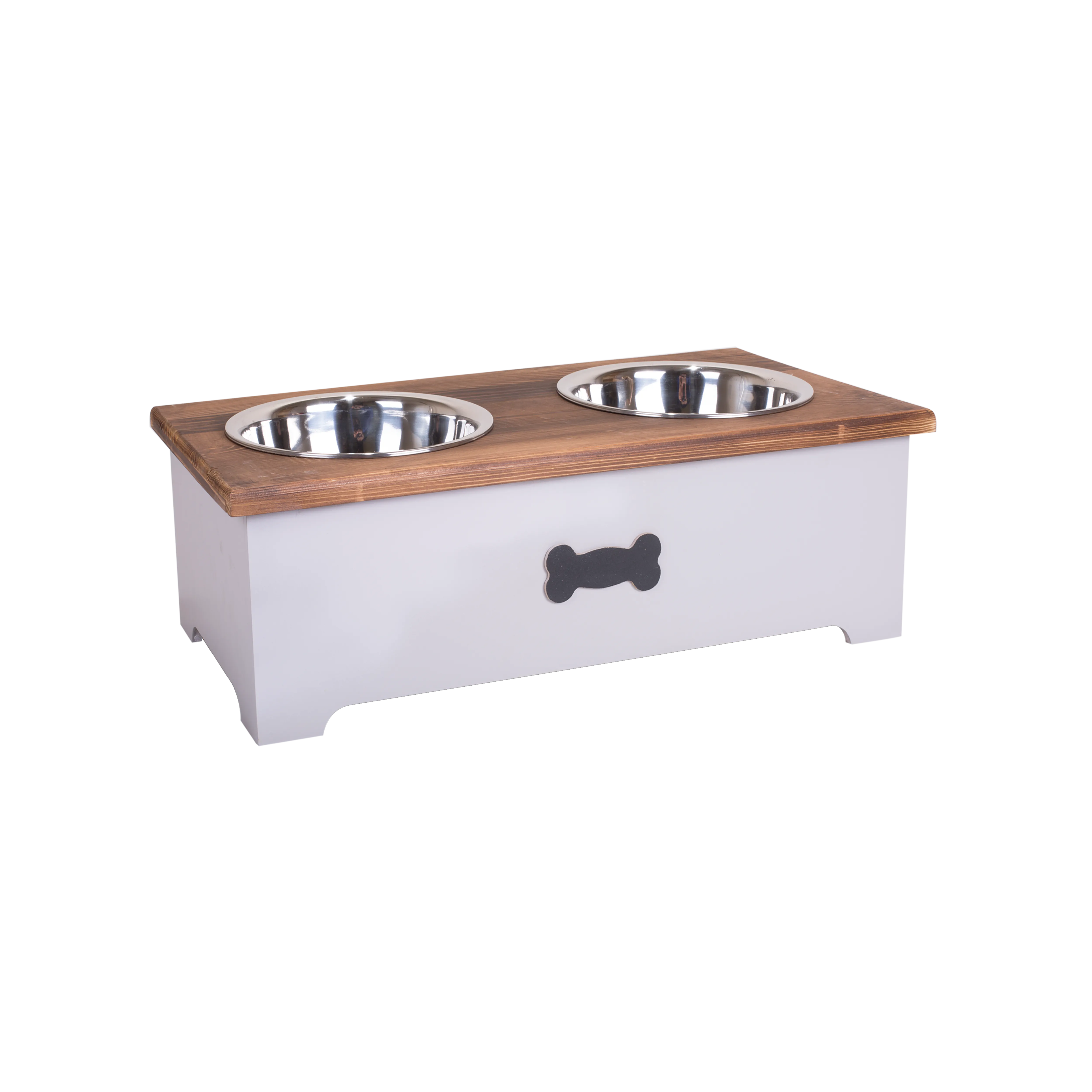 Brown & Grey Double Bowls Wooden Dog Feeding Station
