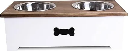 Brown & White Double Bowls Wooden Dog Feeding Station
