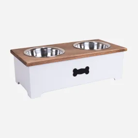 Brown & White Double Bowls Wooden Dog Feeding Station
