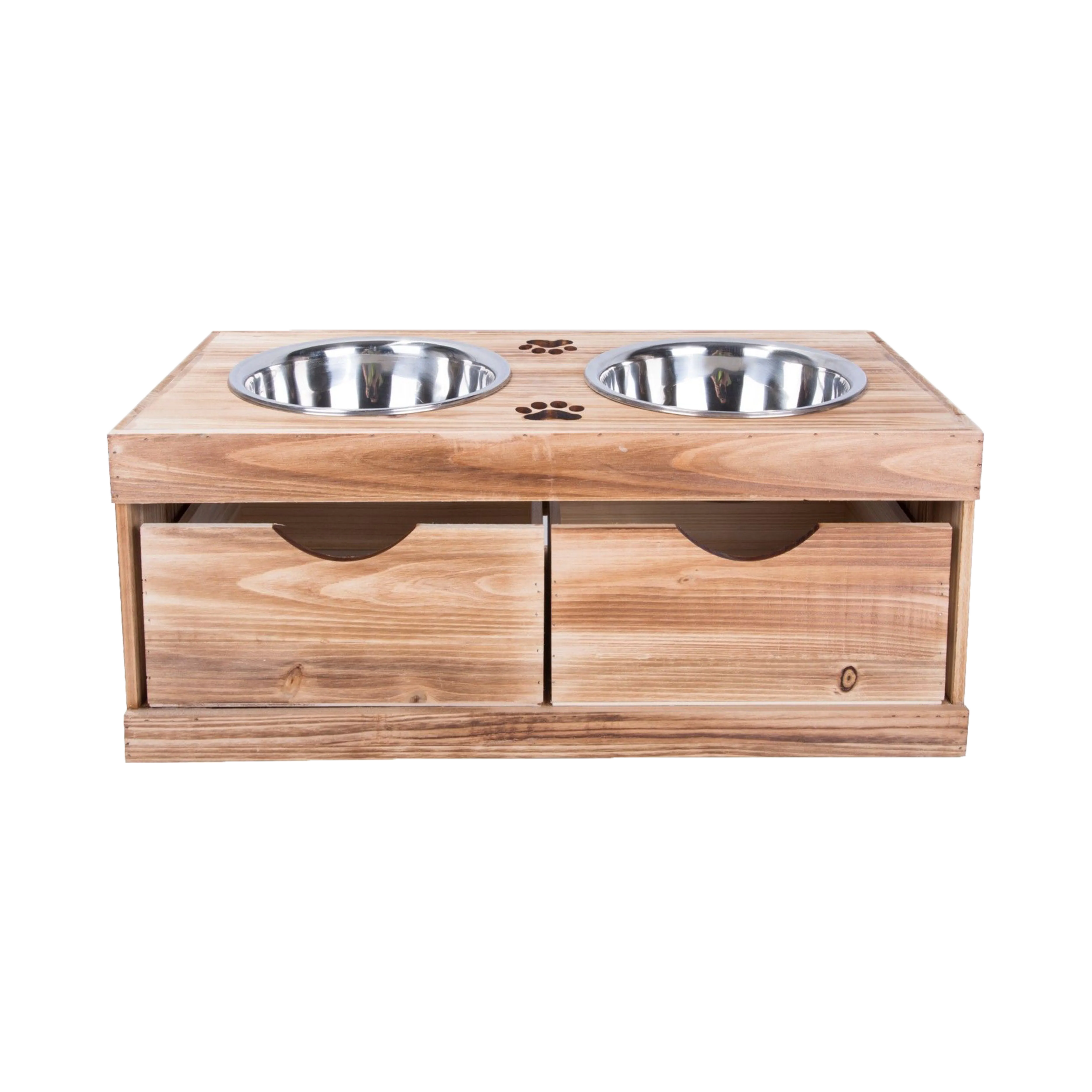Double Bowls Wooden Dog Feeding Station with Drawers