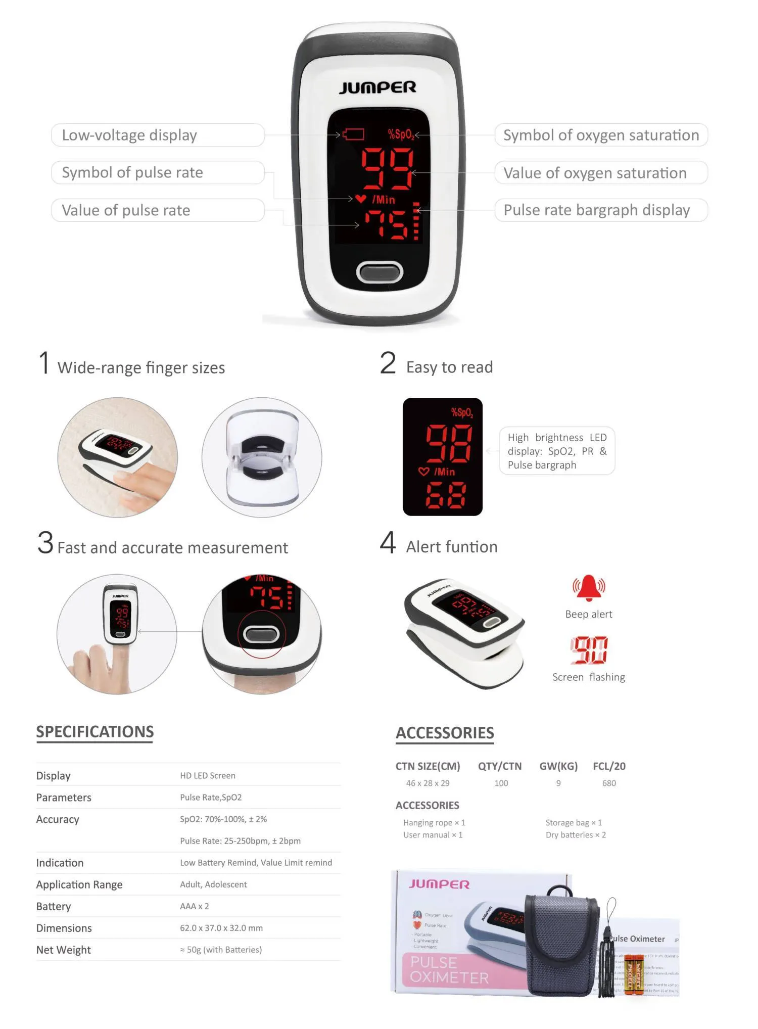 Jumper LED Version Pulse Oximeter (JPD-500E) (MDA certified - 1 year warranty)