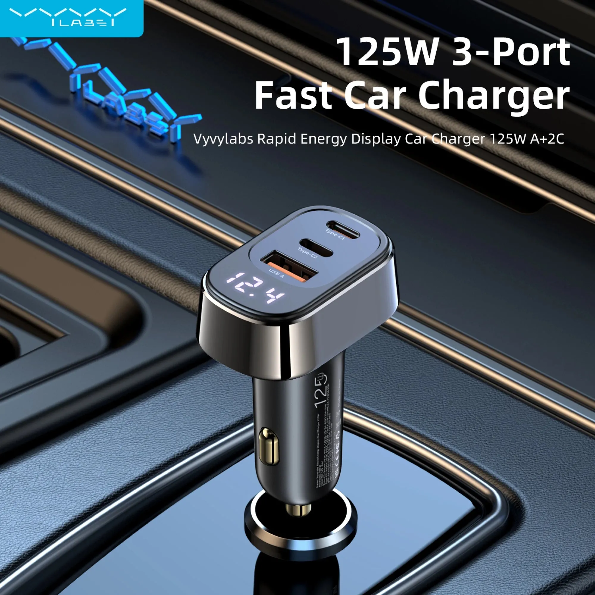 Rapid Energy Display Car Charger 125W A 2C 3-Port Fast Car Charger
