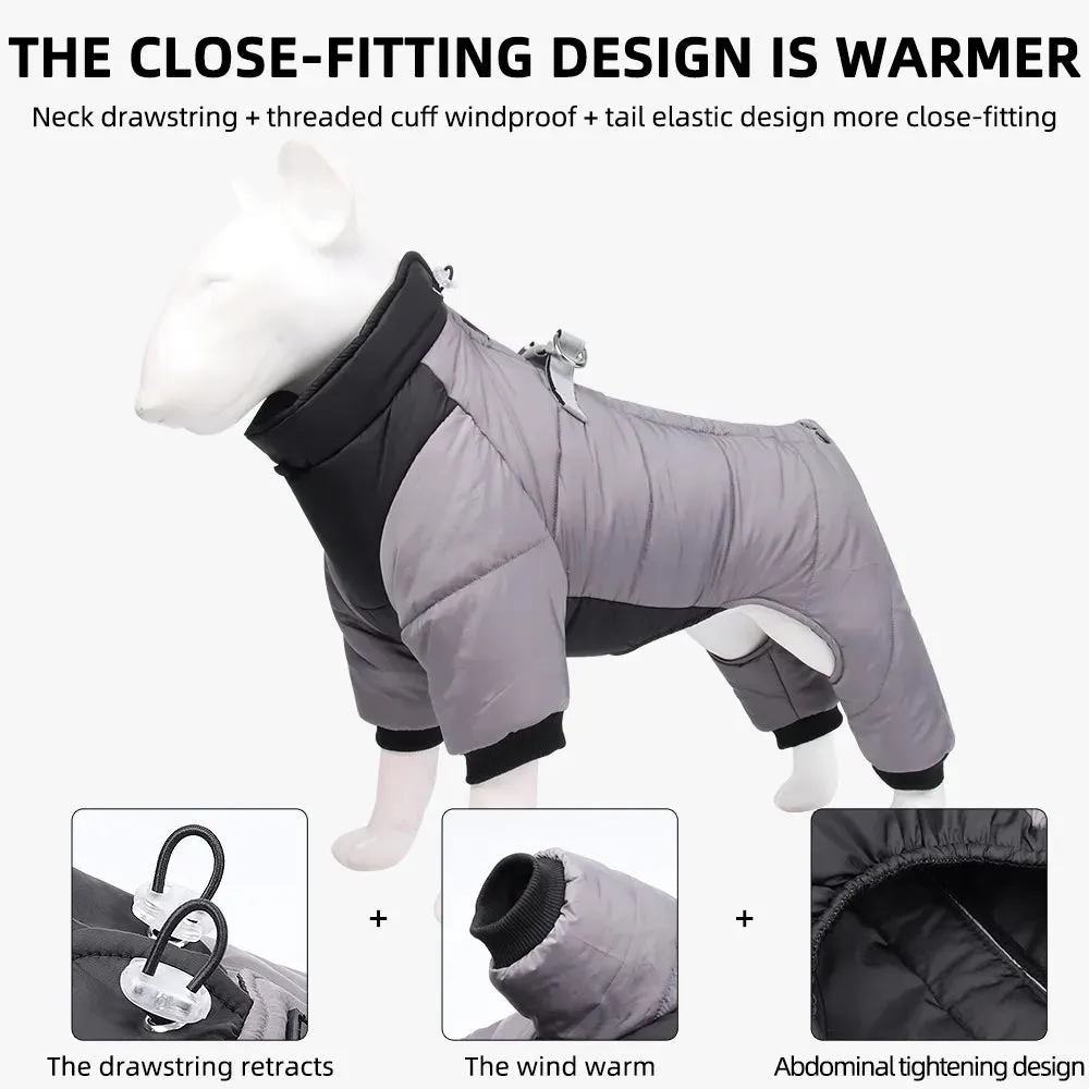 Reflective Four-Legged Winter Jacket with Traction Harness for French Bulldogs - Warm, Waterproof, and Stylish Outdoor Wear