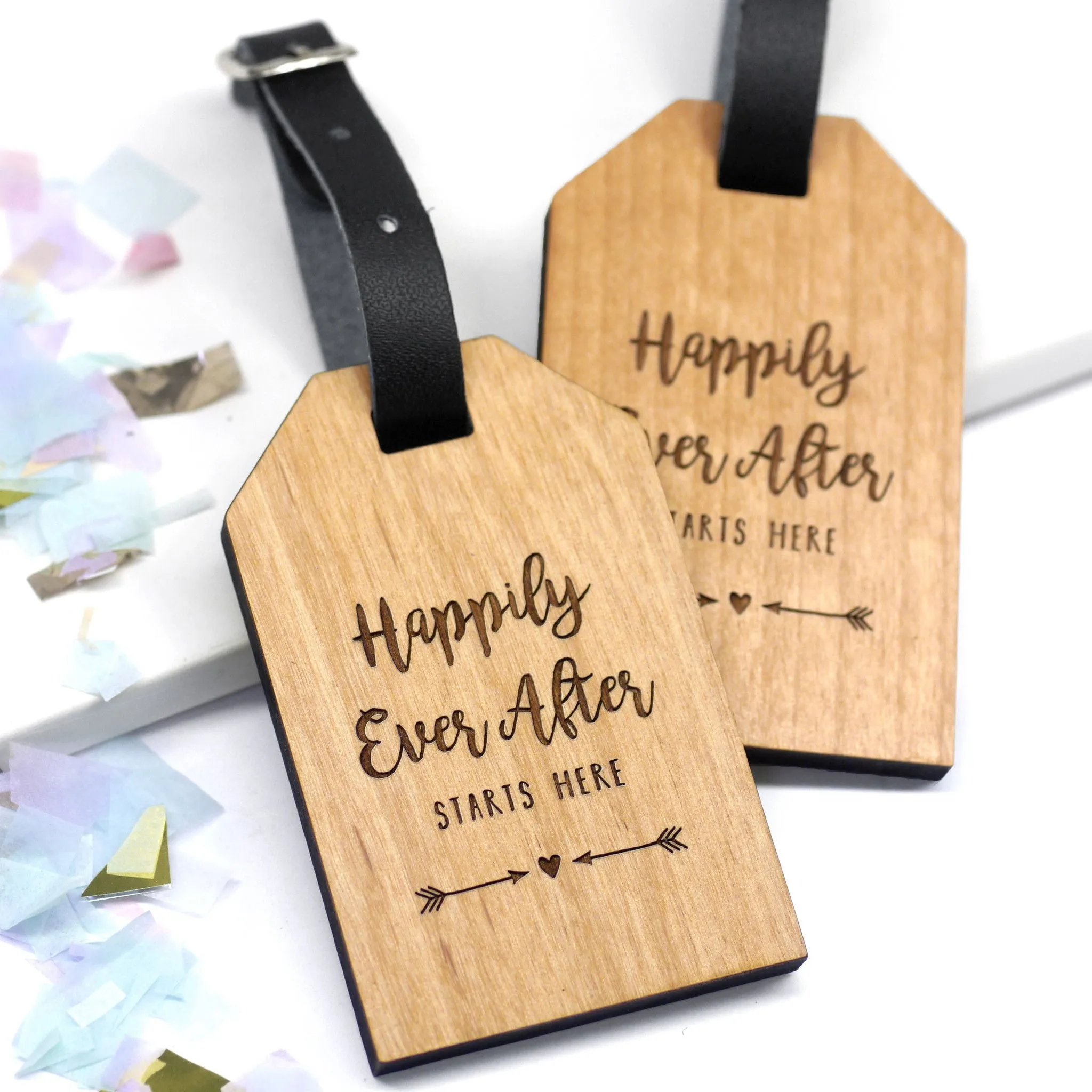 Set Of Two Personalised Wooden Happily Ever After Luggage Tags